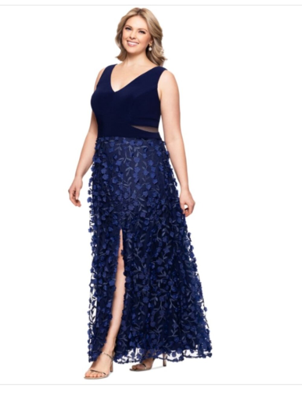 Xscape Plus Size 3D-Flower-Skirt Gown - Navy